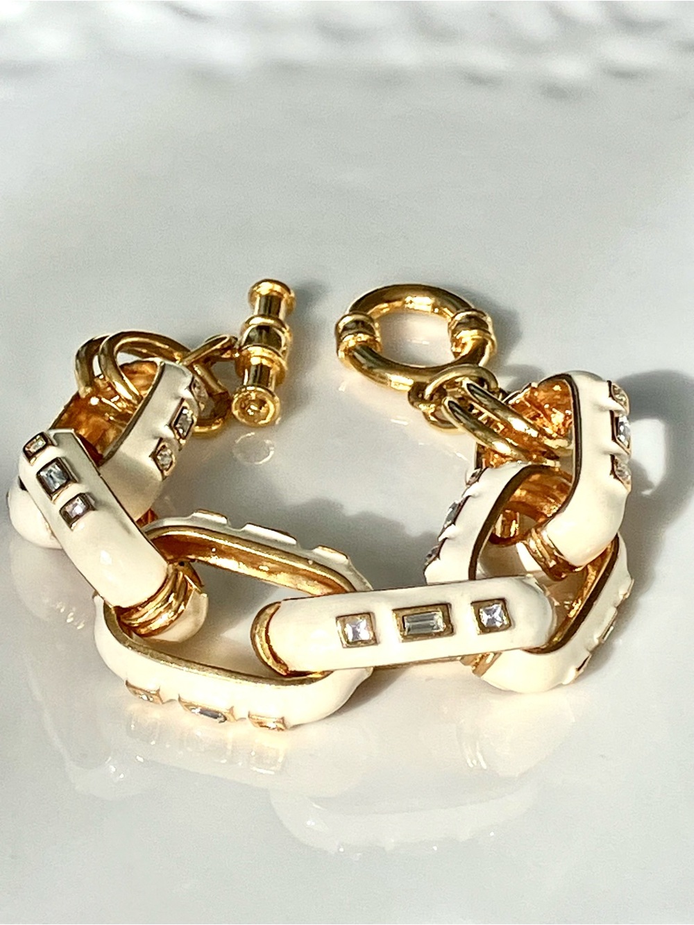 Kenneth Jay Lane Gold and Ivory Link Bracelet with Crystal Insets